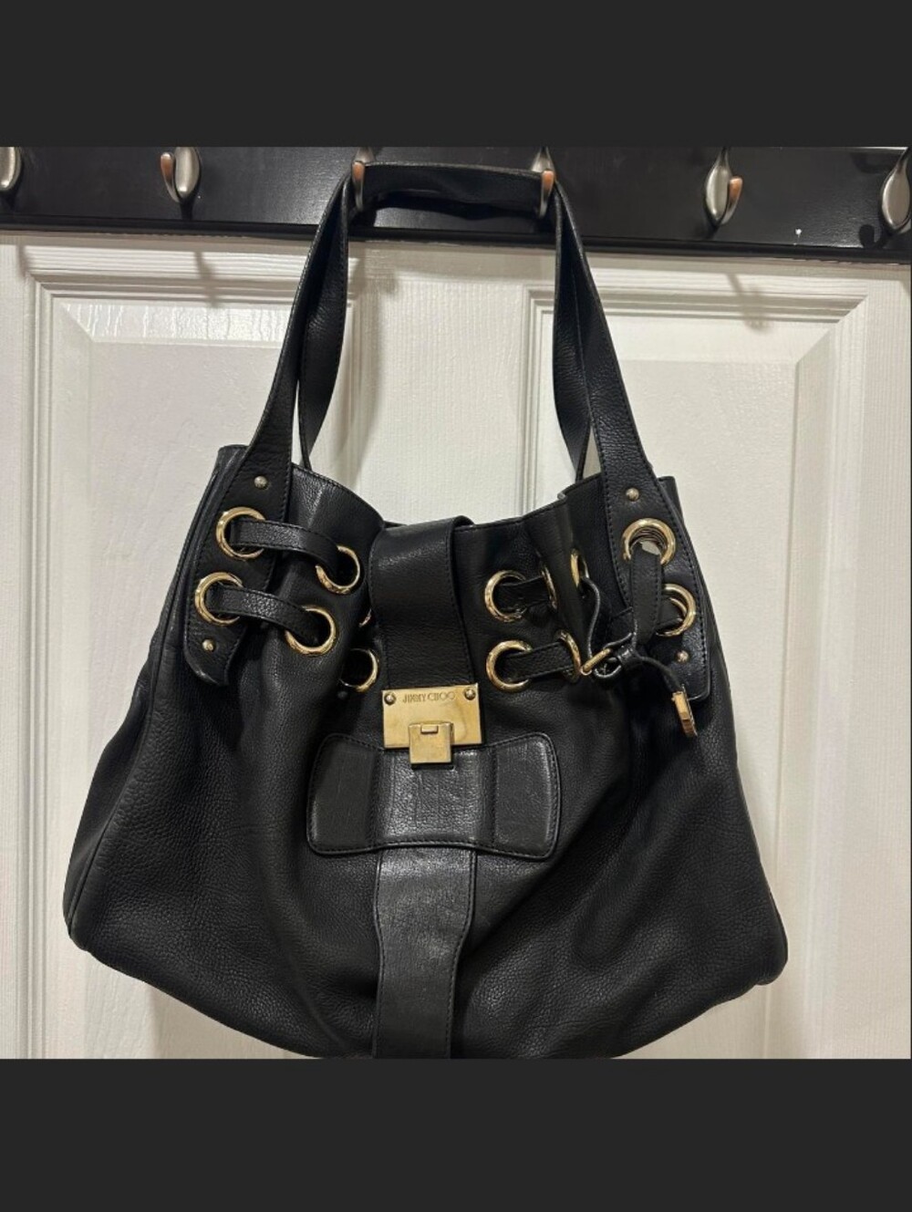 Jimmy Choo Black Leather Shoulder Tote with Gold Hardware 👌